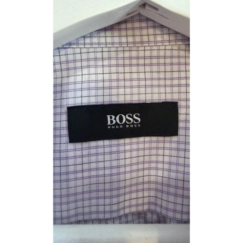 Hugo Boss Mens Purple White Micro Check Button Down Shirt 17.5 34/35 Long Sleeve